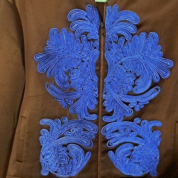 #72 Cameo Satin Black and Blue Raised Stunning Design Bomber Jacket 😍 - Picture 3 of 4